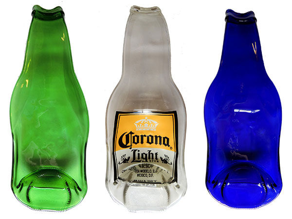 3 spoonrests made from upcycled beer bottles - in green, blue, and corona light designs